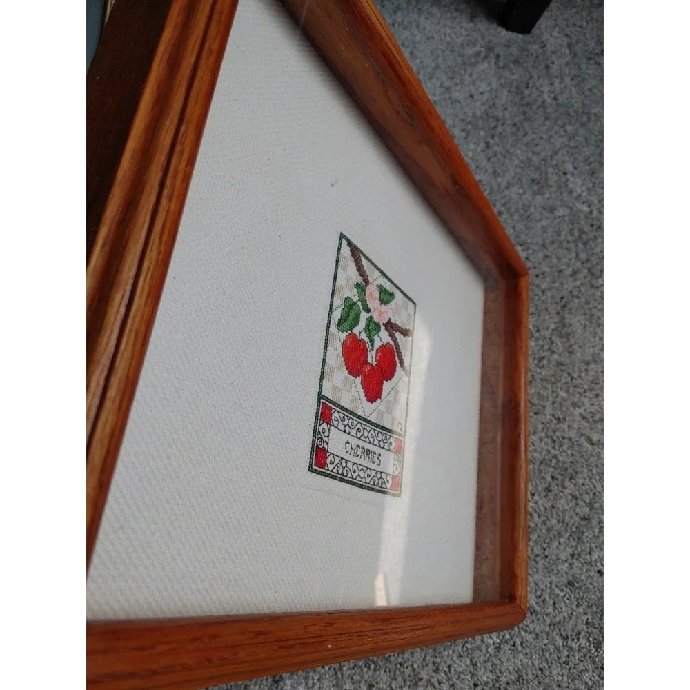 Vintage Cross Stitch Cherries Wood Framed Shadow Box Decorative Country Cottage